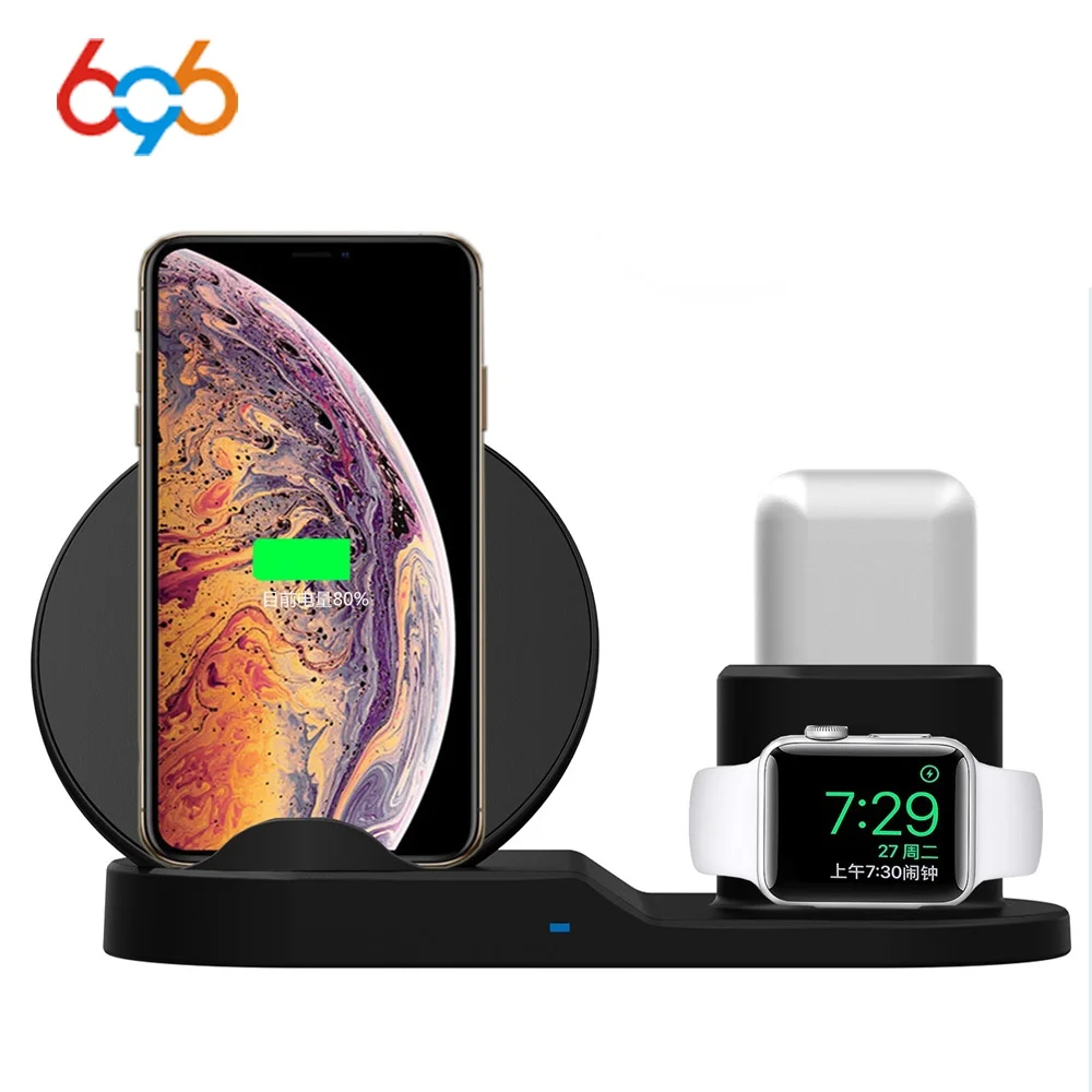 

696 3 In 1 Fast Wireless Charger for iPhone 8 Plus X XR XS MAX 7.5W QI Wireless Charger Dock for Apple Watch Watch 1 2 3 Airpods