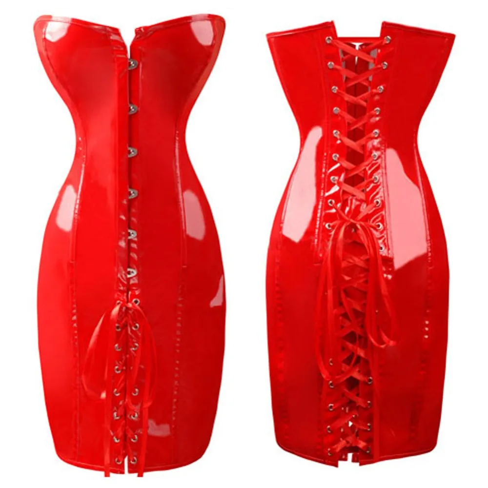 FeelinGirl 2018 Black Long Leather Corset Sexy Gothic Corset Dress Shiny PVC Leather Boned Bustier top Lace Clubwear Corselet -B