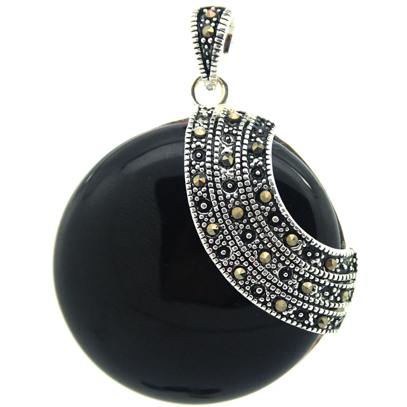 

RARE HUGE 925 STERLING SILVER NATURAL BLACK ROUNDDLE PENDANT 35X35MM