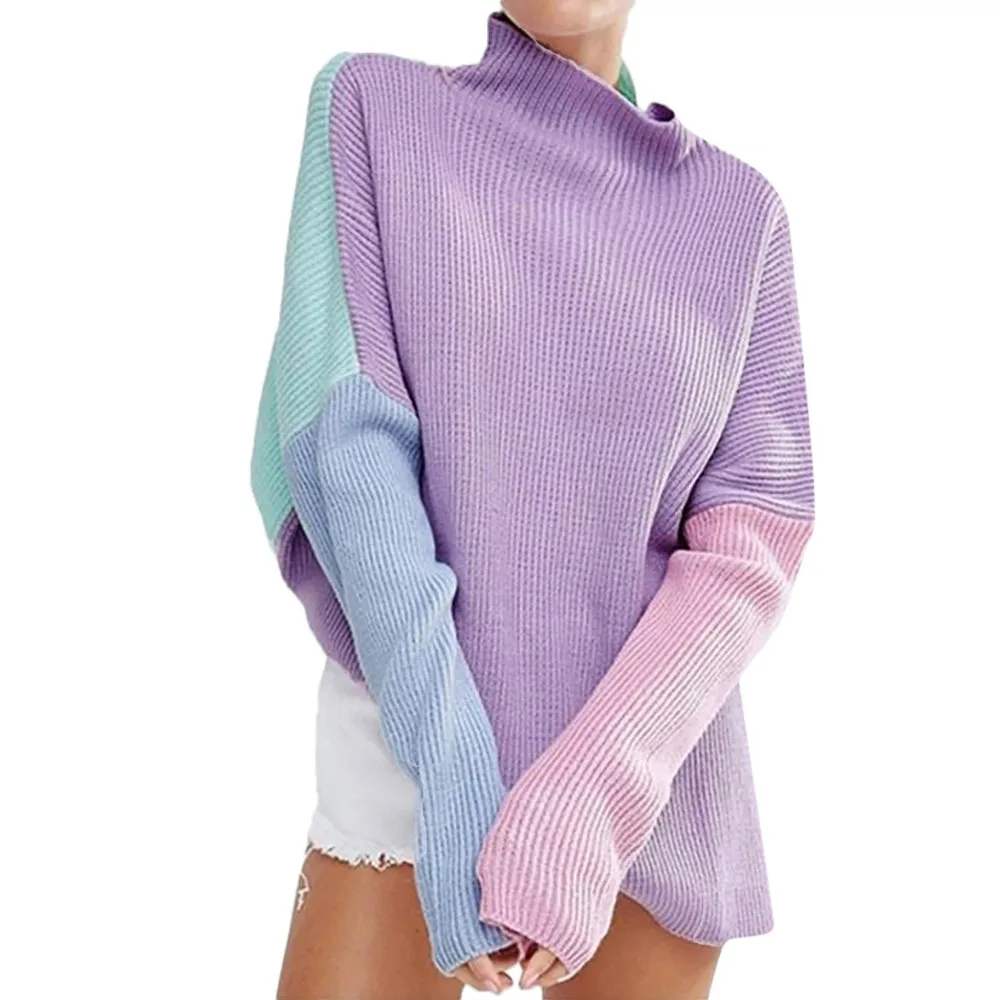 Женская зимняя мода, длинный рукав, вязанные Лоскутные Топы, свободный свитер, блузка, свитер для женщин, roupas feminina - Цвет: Multicolor