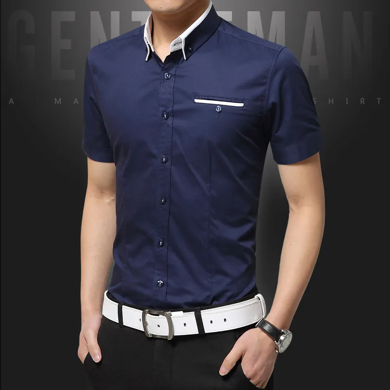 Новое поступление, брендовая мужская летняя деловая рубашка, рубашка с короткими рукавами и отложным воротником, рубашка-смокинг, мужские рубашки больших размеров 5XL - Цвет: Navy blue