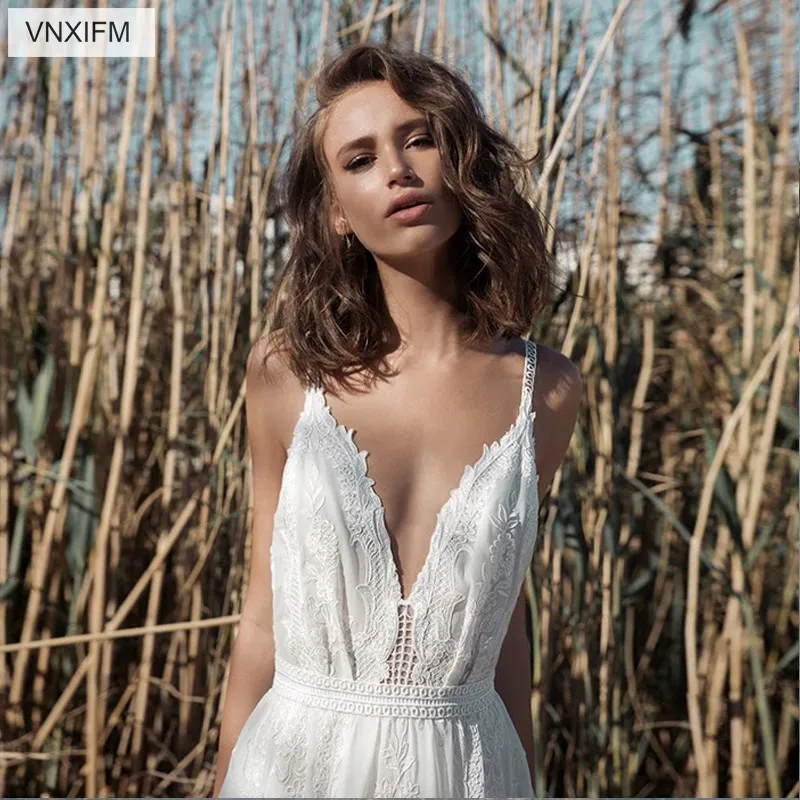 

VNXIFM 2019Lace Boho Wedding Dresses Spaghetti Straps V-Neck Wedding Gowns Beach Bride Dress Vestido De Noiva Bridal Gown