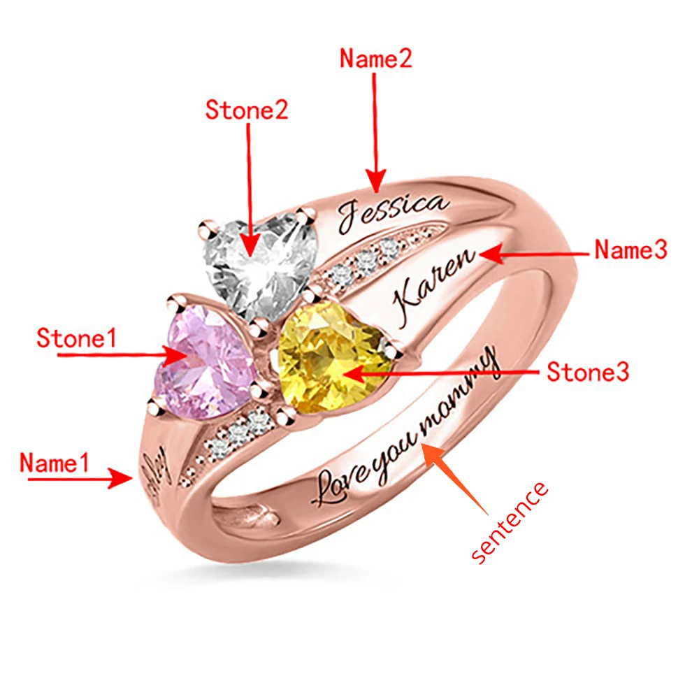 SG 925 Sterling Silver Rings Personalized Custom Heart Birthstone Ring With 3 Names Jewelry for Her Mother day's Gift