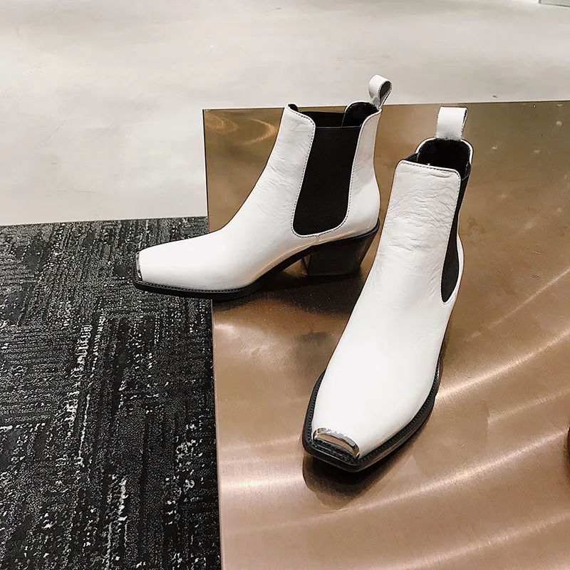 

New Arrival Ankle Boots Leather Women Shoes Brand Runway Super Star Funky Heels Metal Decor Chelsea Boots Slip On Square Toe