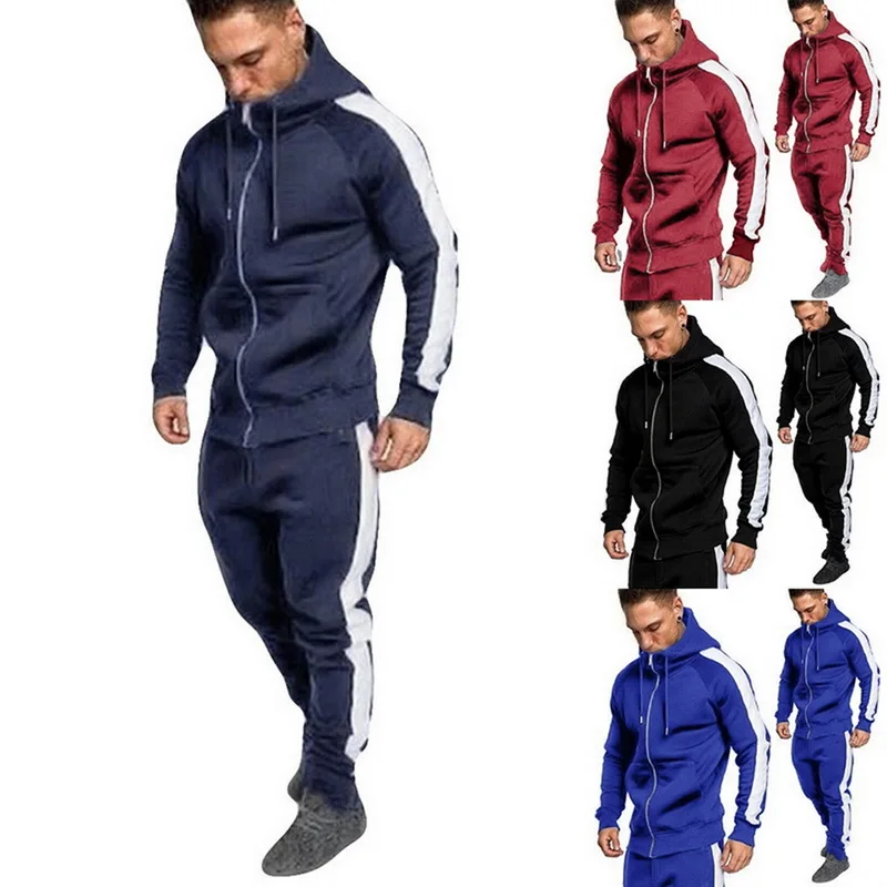 

Drop shipping Shujin Men Hoodies Sets Autumn Winter Sport Suits Running Jogging Suit Male Tracksuit Side stripe casual suit