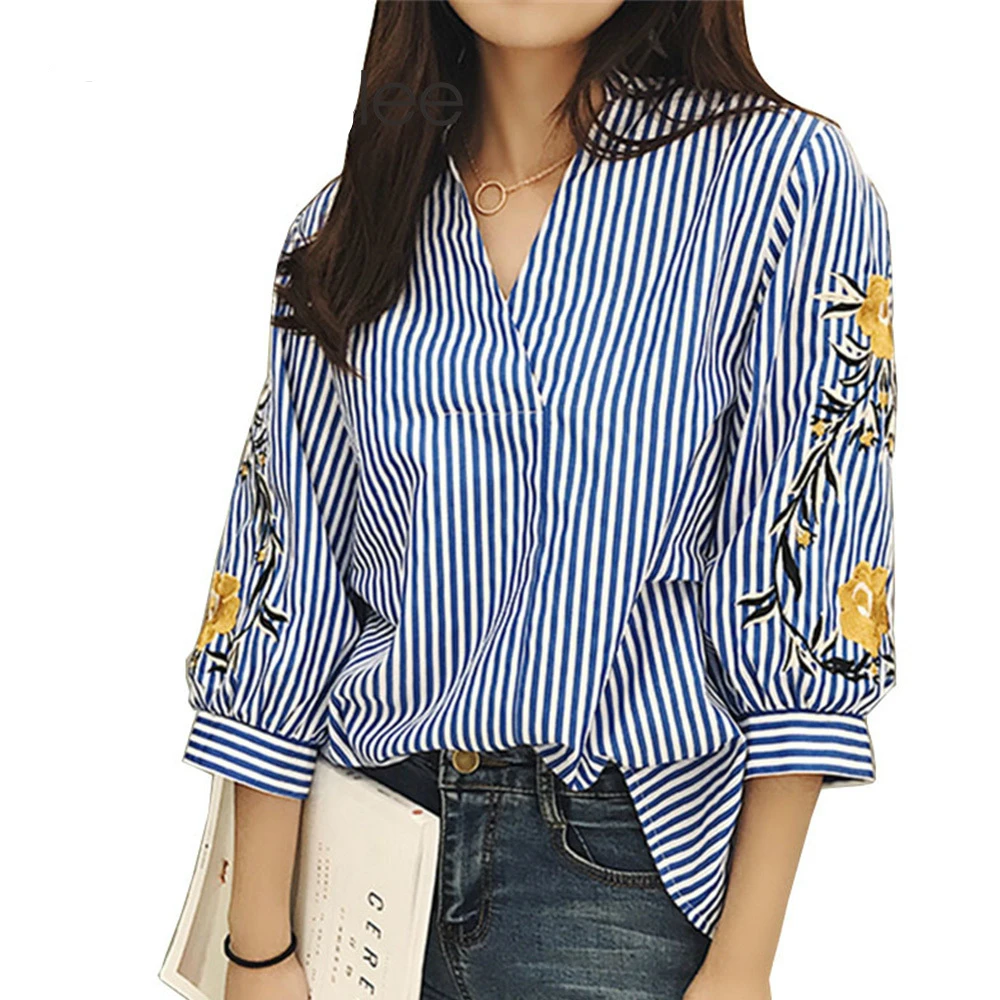 

TTOU Casual Striped Women Blouse Vintage Embroidery Design Long Sleeves V-Neck Collar Women Shirts Winter New Arrivals