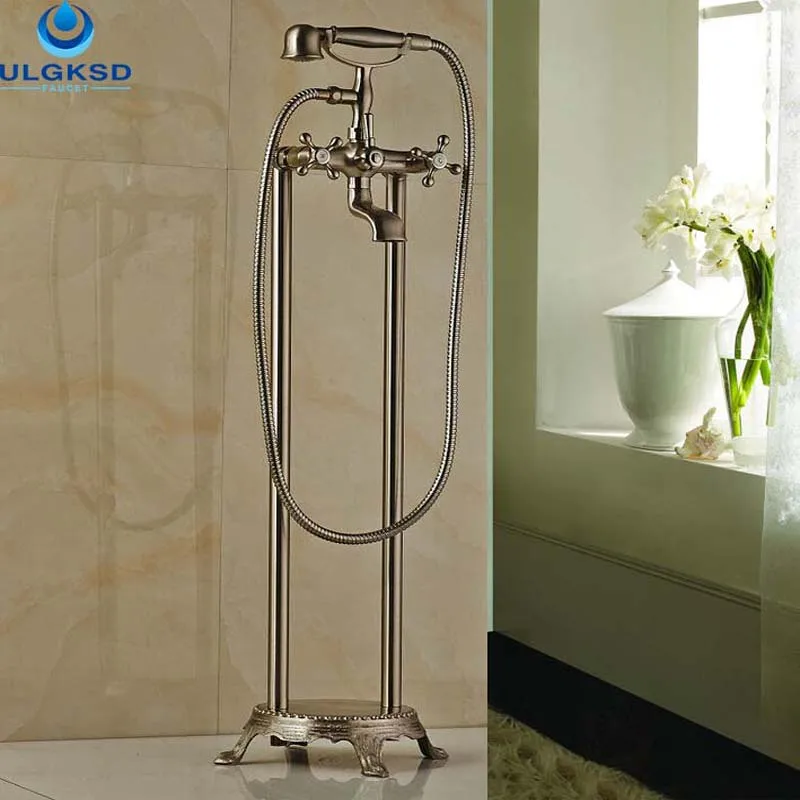 

Ulgksd Wholesale and Retail Floor Mounted Bathtub Mixer Tap Faucet 2 Cross Vessel W/Hand Shower Tub Filler Bathroom Tub Faucet