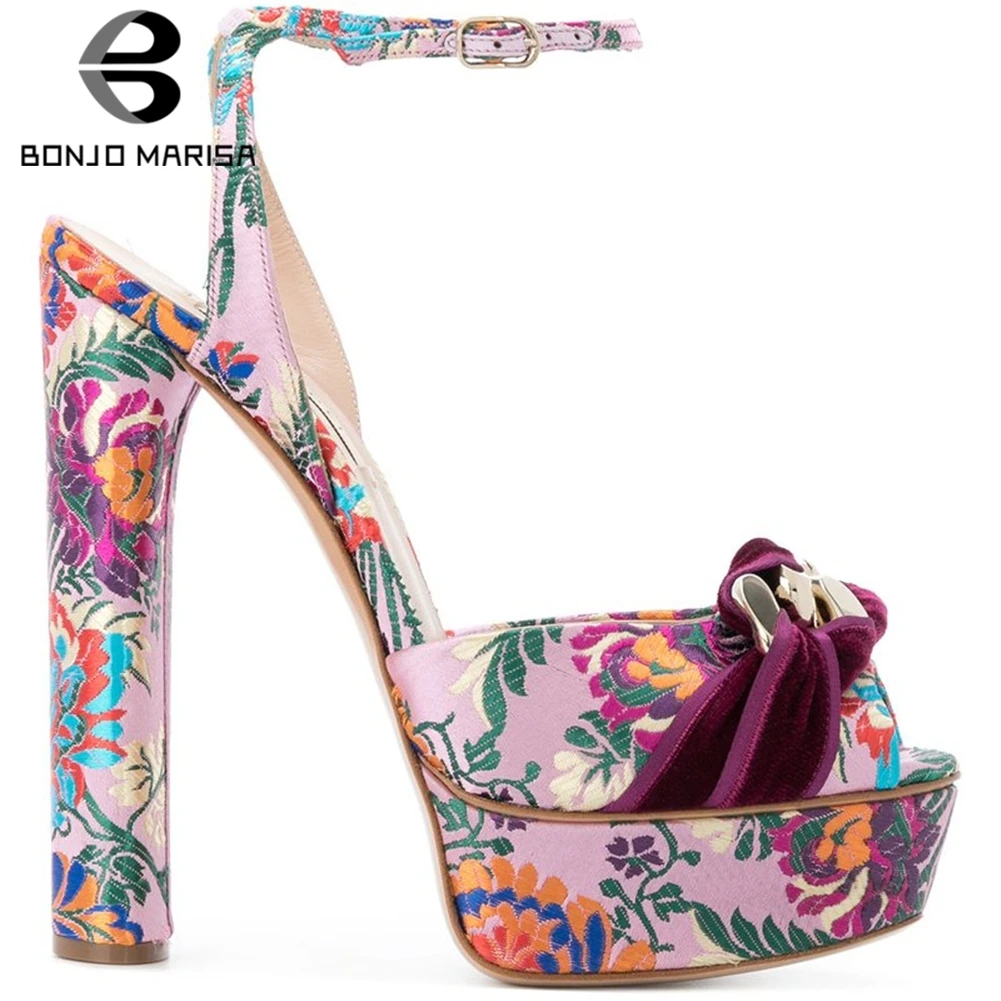 

BONJOMARISA Luxury Brand Platform Sandals Women 2019 Summer Sweet Ladies Embroider Sandals Super High Heels Shoes Woman 33-43