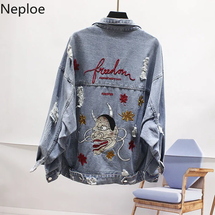 

Neploe Japanese Ghost Letter Embroidery Demin Jacket 2019 Autumn Fashion Hole Casual Jean Coats Women Outwear Cool Cowboy 53924