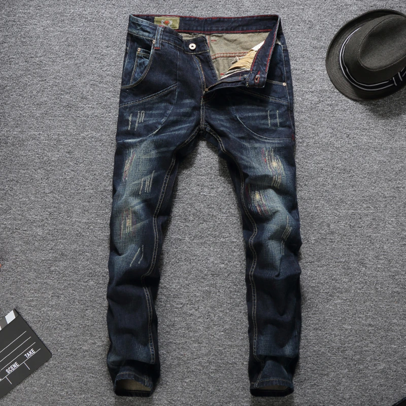 В стиле панк Для мужчин лоскутное джинсы Distressed Mid Stripe Slim Fit джинсовые темно-синие джинсы Для мужчин рваные штаны Uomo RL633