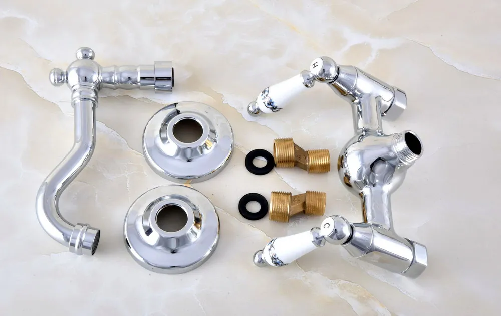 Polished Chrome Brass Wall Mount Kitchen Sink Faucet Swivel Spout Mixer Tap Dual Ceramics Handles Levers anf571