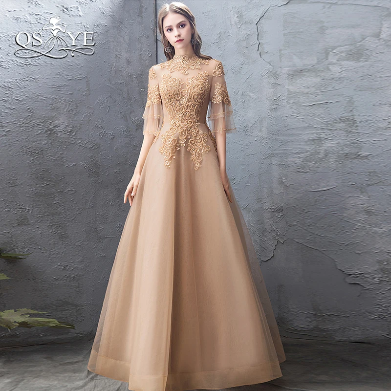 QSYYE 2019 халат de Soiree Золотые Длинные платья выпускного вечера блестящие бусины длинное, кружевное до пола Тюль женское вечернее платье