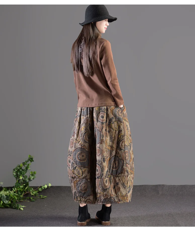 Осенне-зимняя женская юбка в стиле ретро с эластичной резинкой на талии, свободная юбка с карманами и принтом, плотная теплая Женская Смешанная повседневная юбка
