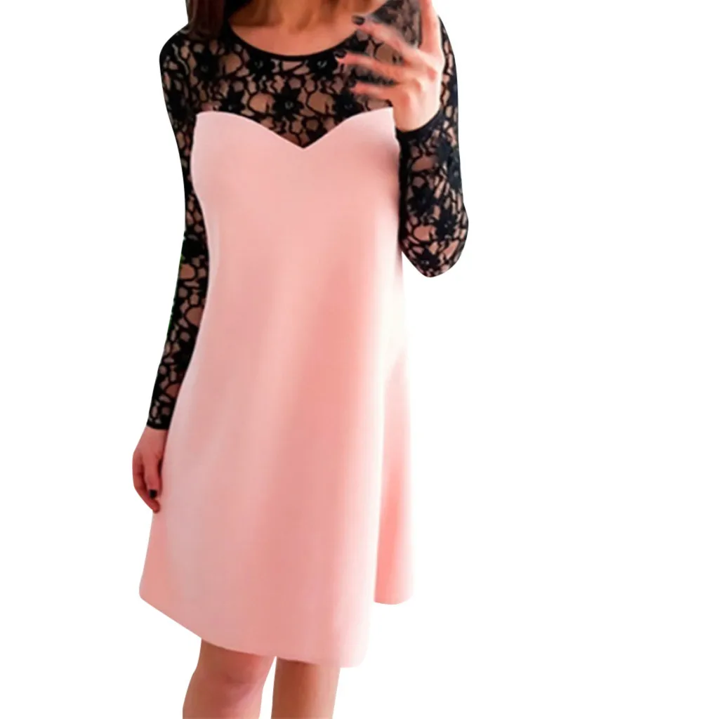 

Fashion Women Long Sleeve Hollow Out Lace Dress Patchwork Evening Party Dress Panel Vestidos De Fiesta De Noche Corto Black~