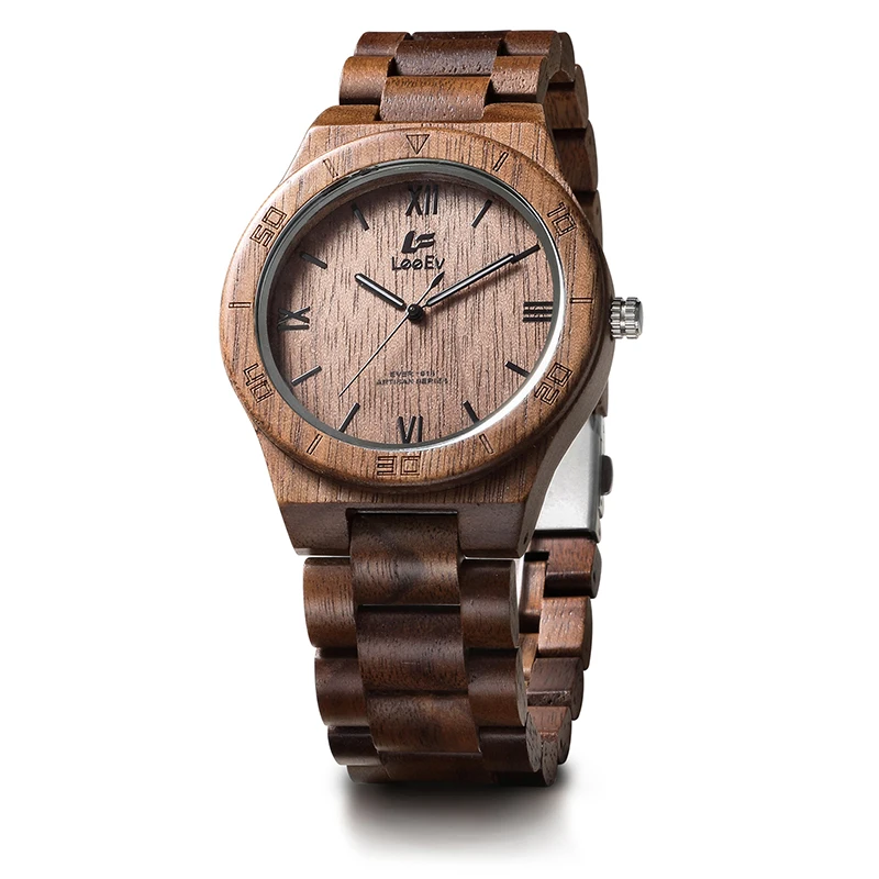 

LeeEv EV1918 Mens Natural Walnut Wood Watch Analog Quartz Light Weight Vintage Wooden Wrist Watch
