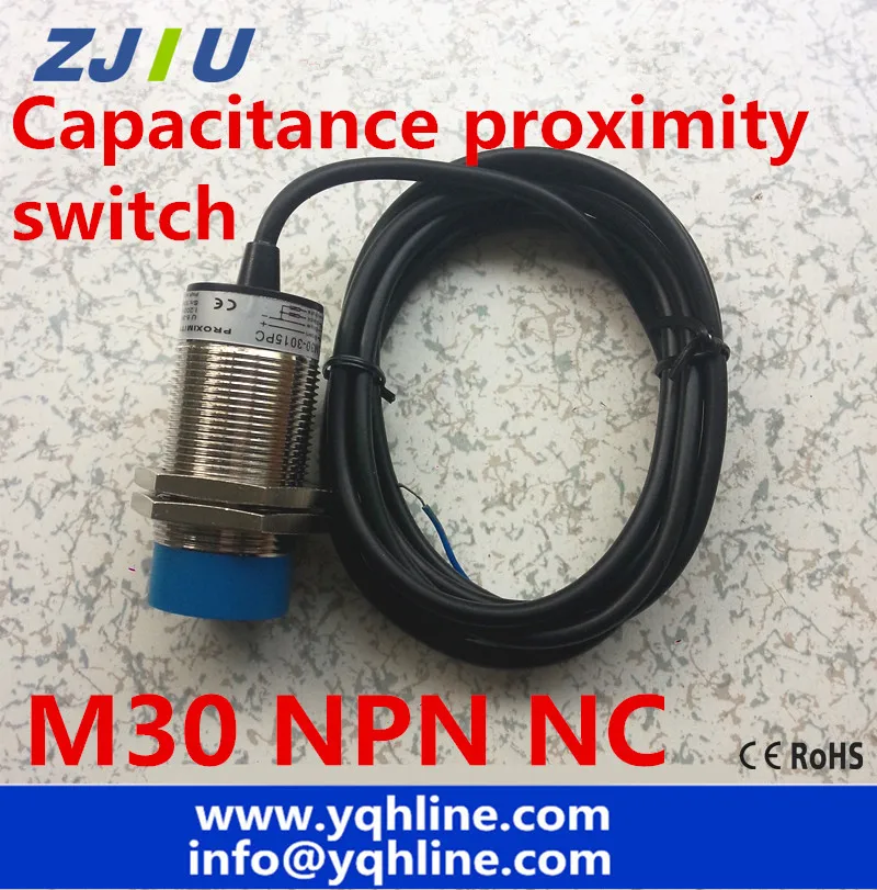 

Proximity capacitance sensor switch DC 3 wires NPN NC normally Close switch distance dia 30mm detect distance 1~15mm Metal case