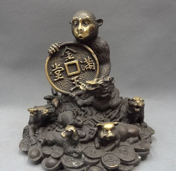 

JP S0606 8" Chinese Year Zodiac Bronze YuanBao Coin Dragon Snake Horse Monkey Statue