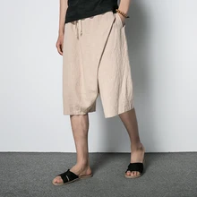 Летние мужские хлопковые льняные свободные шорты-шаровары, мужские Модные повседневные короткие брюки, одноцветные широкие шорты