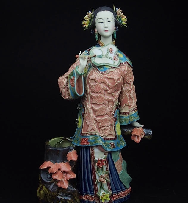 

free shipping China Pottery Wucai Porcelain Home Display Woman Ladies Autumn Decoration Statue