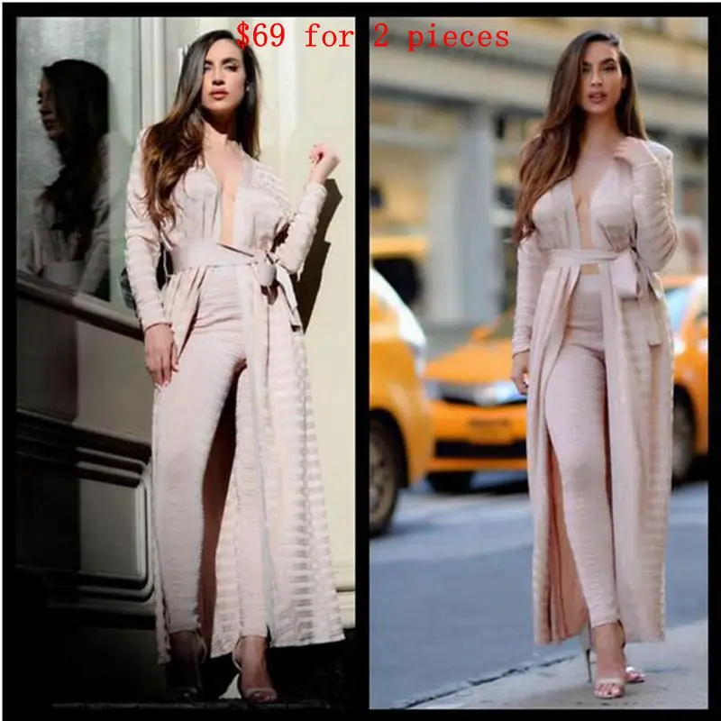 Veste 2017 Élégante Manteau Pantalon Long army Pièces Ensemble De Green 2 Célébrité Noir Femmes D'hiver Piste Cardigan Bandage Dame Robes Deux kaki Longue WvrnrO