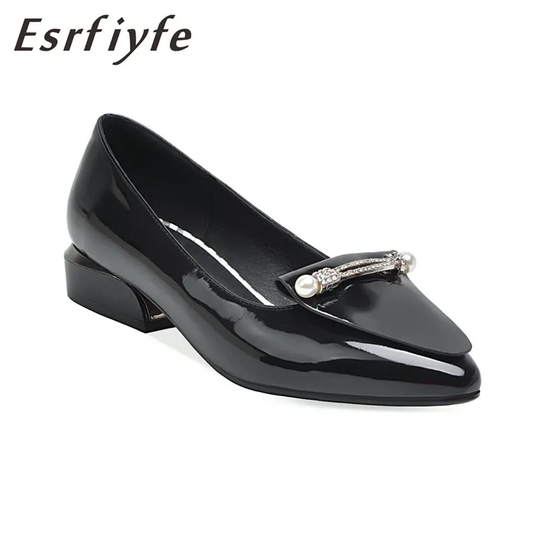 

ESRFIYFE 2019 New Women Shallow Pumps Pointed Toe Slip-On Dress Shoes Low Heels 2.5cm Mirror Surface Patent Leather Red Sole