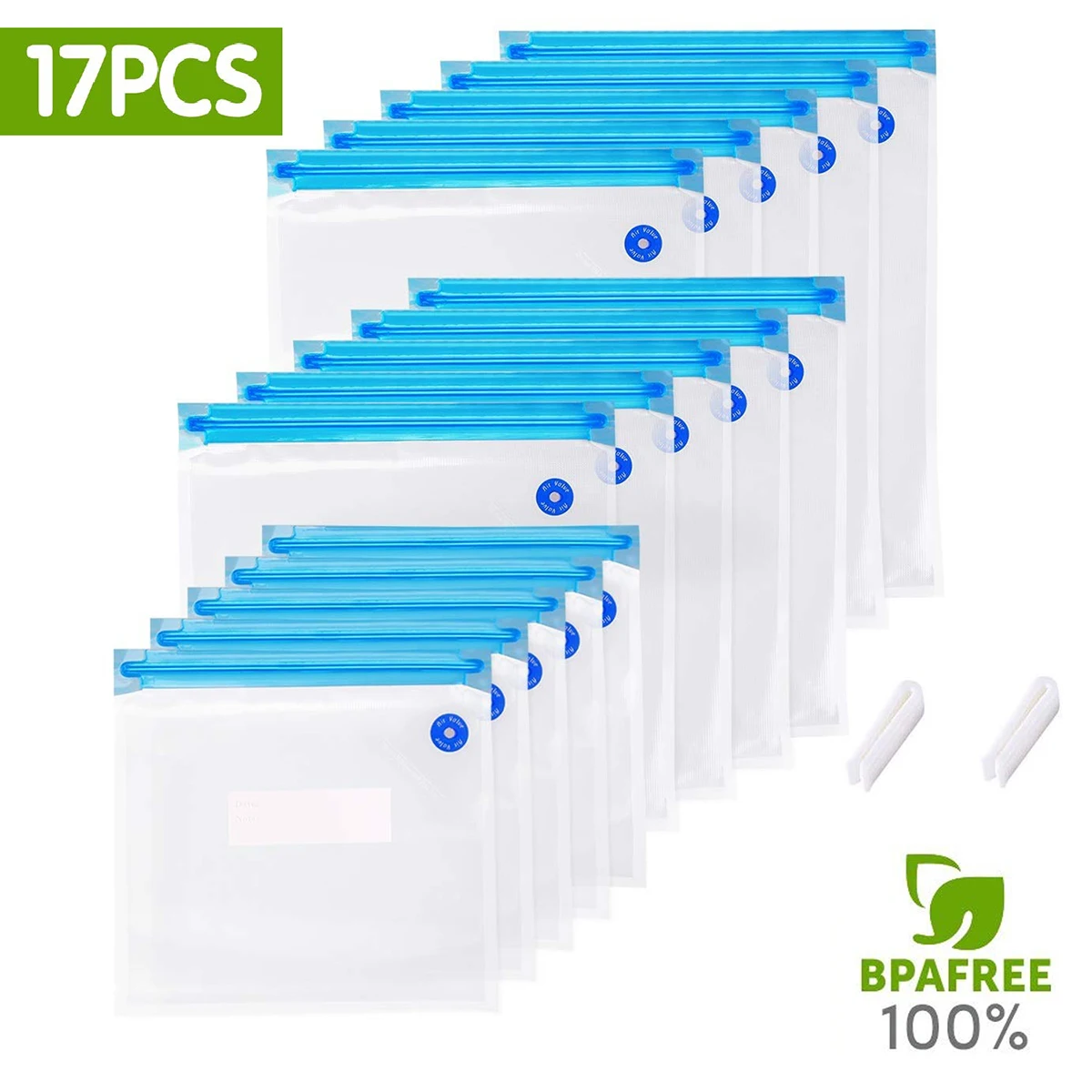 

15 PCS 20Î¼M Dual Layer Thickness Reusable Food Vacuum Sealed Bags With 2 PCS Sealing Clips For Long-Time Food Storage