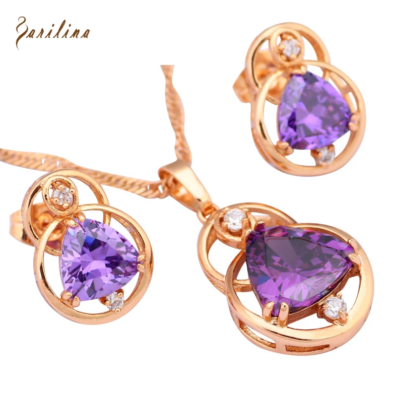 

Love Gift Purple cubic zirconia topaz Sets Pendant/Earrings 18K Yellow Gold Plated Amethyst Jewelry sets for women S235