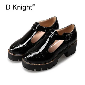T-Starp Women Oxfords Platform Casual Brogue Shoes Woman Vintage Creepers Square High Heels Women Patent Leather Pumps Shoes D44 shidiweike new women platform oxfords brogue flats shoes suede leather lace up square toe luxury brand red black creepers b490