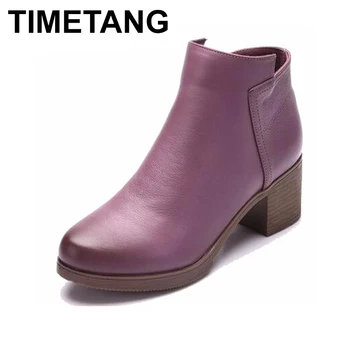 

TIMETANG Fashion square toe Zip genuine leather solid nude women ankle boots thick heel brand women shoes ladies autumn short