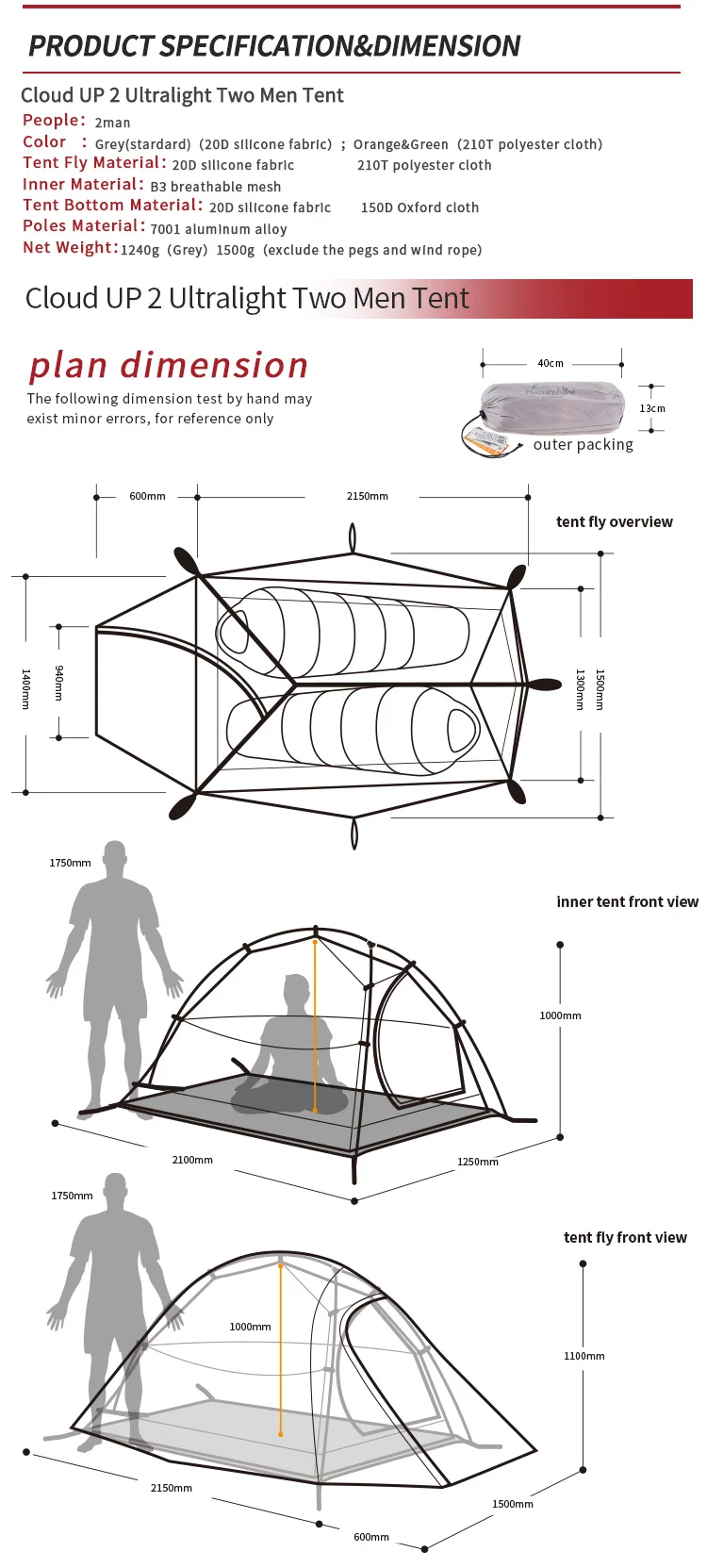 Acima da Série Barraca de Acampamento Inverno com Esteira Naturehike Nuvem Pessoa Ultraleve Tenda Acampamento Equipamento 20d Náilon Atualizar Homem 1 2 3 6 High Quality Esporte e Lazer