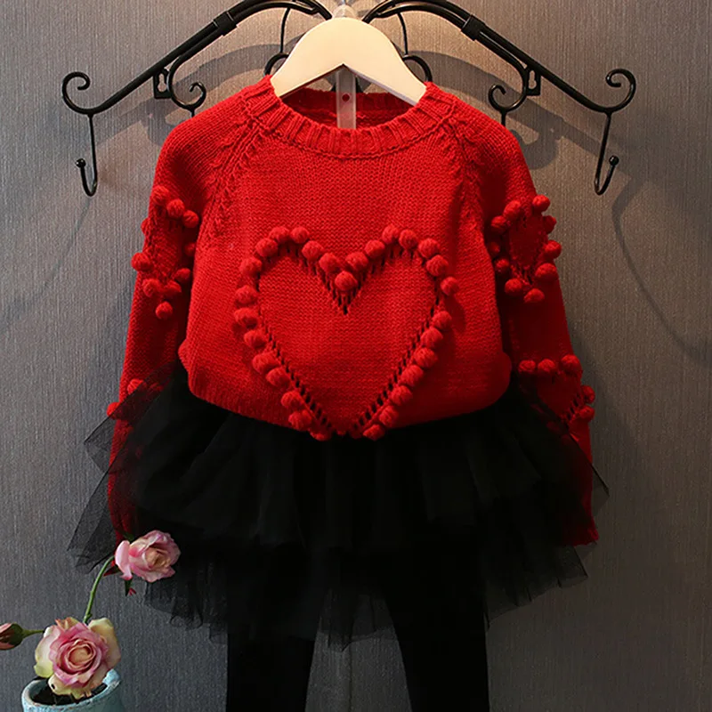 

Girls Clothing Red Sweater Heart Knitted +Skirt Leggings 2pcs Kids Clothes Suits Fashion Boutique Clothes for Girls 2-7Years