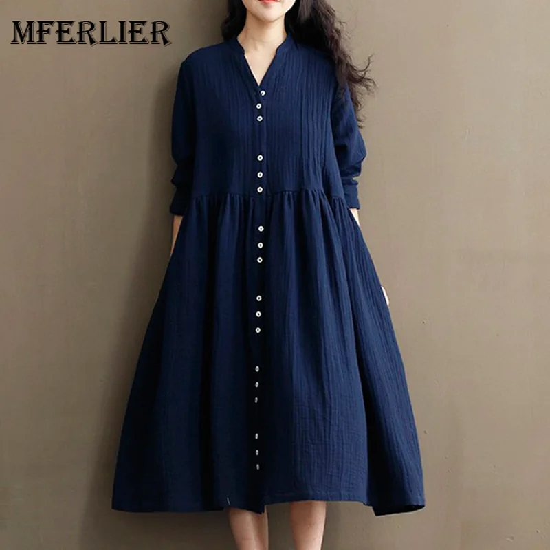 

Autumn Winter Dress Loose High Waist White Blue Dress Women Cotton Linen V Neck Long Sleeve Maxi Dresses