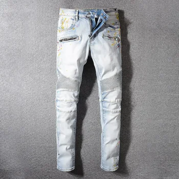 

Men's Denim Biker Jeans Motorcycle Slim fit GRAFFITI Riding Pants