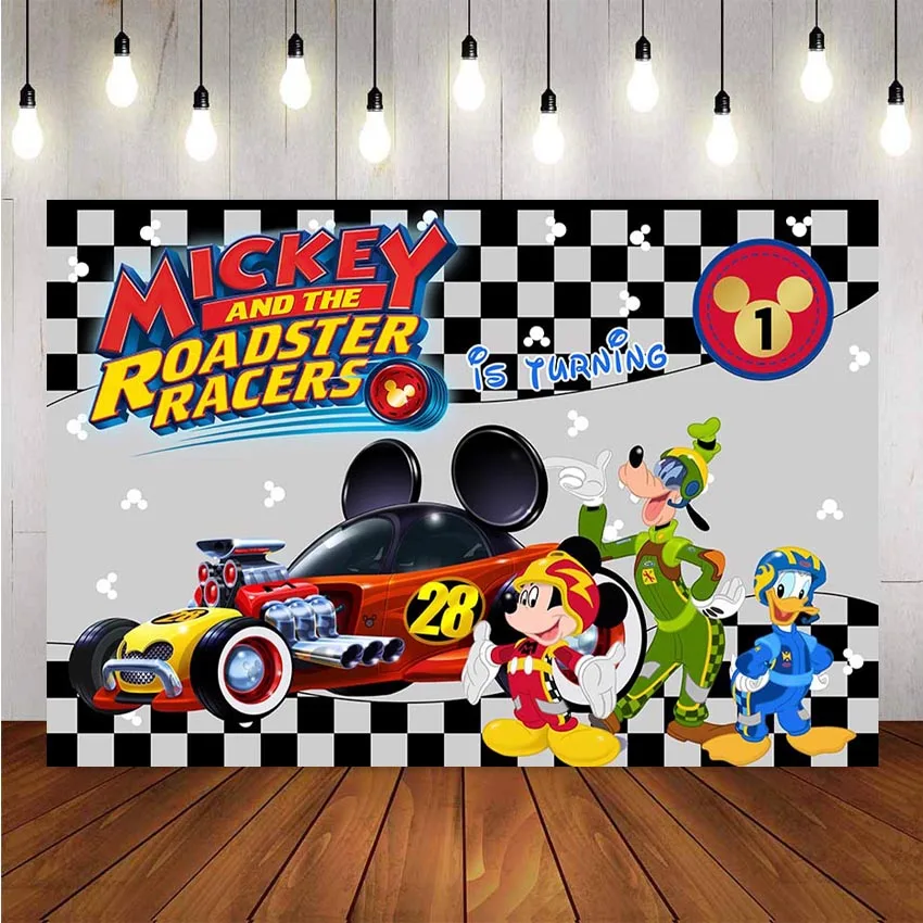 

Photography Backdrop Roadster Racers Mickey Boys Black Grey Buffalo Plaid Children Birthday Party Decor Backdrop Photo Studio