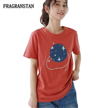 Женская Повседневная футболка с круглым вырезом на весну и лето, женская модная новая футболка с принтом звезды, Женская хлопковая свободная футболка высокого качества JQ425