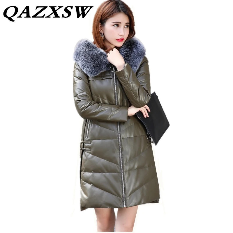 2018 Women Winter Fox Fur Collar Warm Genuine Leather Down