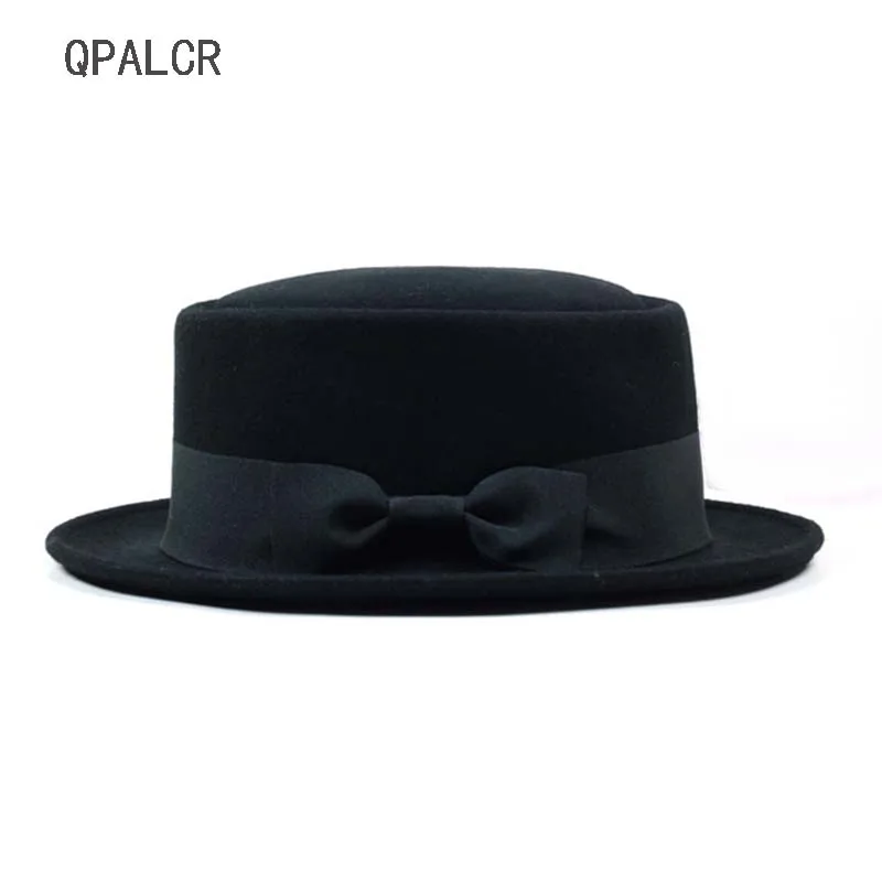 

QPALCR 2018 Autumn Winter Mens Hats Wool Fedoras Vintage Women Girls Wool Felt Fedoras Flat Top Jazz Hat Black Church Hats