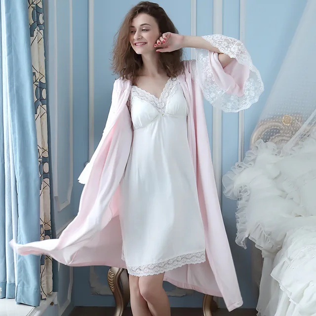 Autumn Long Sleeve Cotton Nightgown Two Piece Gown Robe Sets Women's