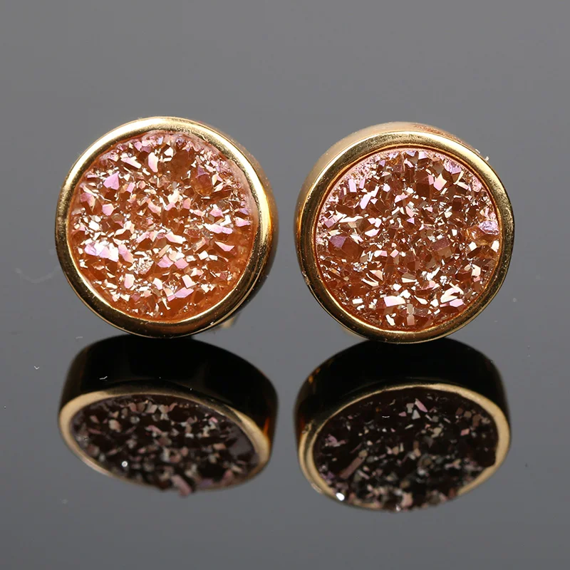 

HanKun Gold Color Fashion Jewelry Plating Color Round Natural Agates Tiny Druzy Stone Stud Earrings