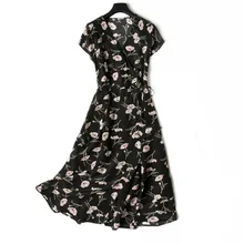 Женское летнее шелковое платье с v-образным вырезом, черное винтажное платье из натурального шелка, элегантное платье, Повседневное платье из натурального шелка с цветочным рисунком