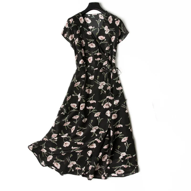 

Women Summer Silk Dress V neck black Vintage Natural silk dresses Elegant Dress Casual real silk floral wrap style dress