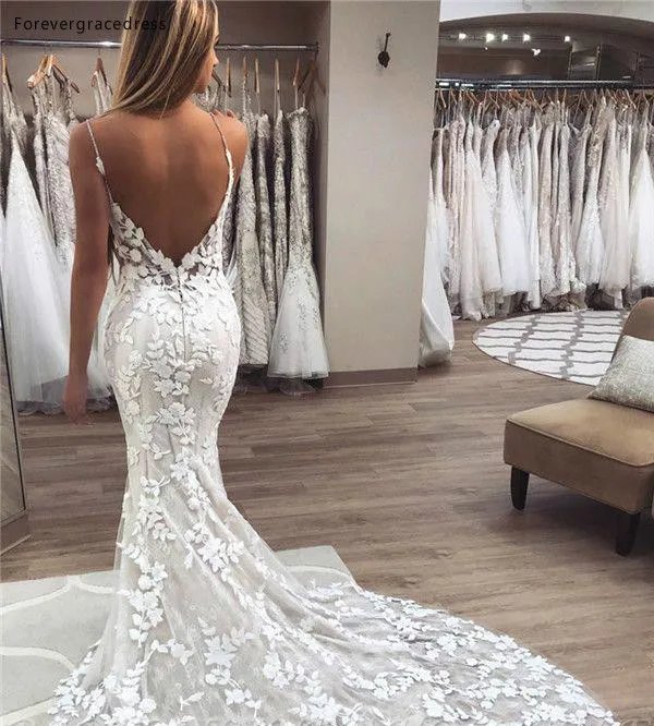 2019 Sexy Lace Mermaid Wedding Dresses Spaghetti Straps Backless Bridal Gowns Sleeveless Vestidos de novia BC2057  183 (1)