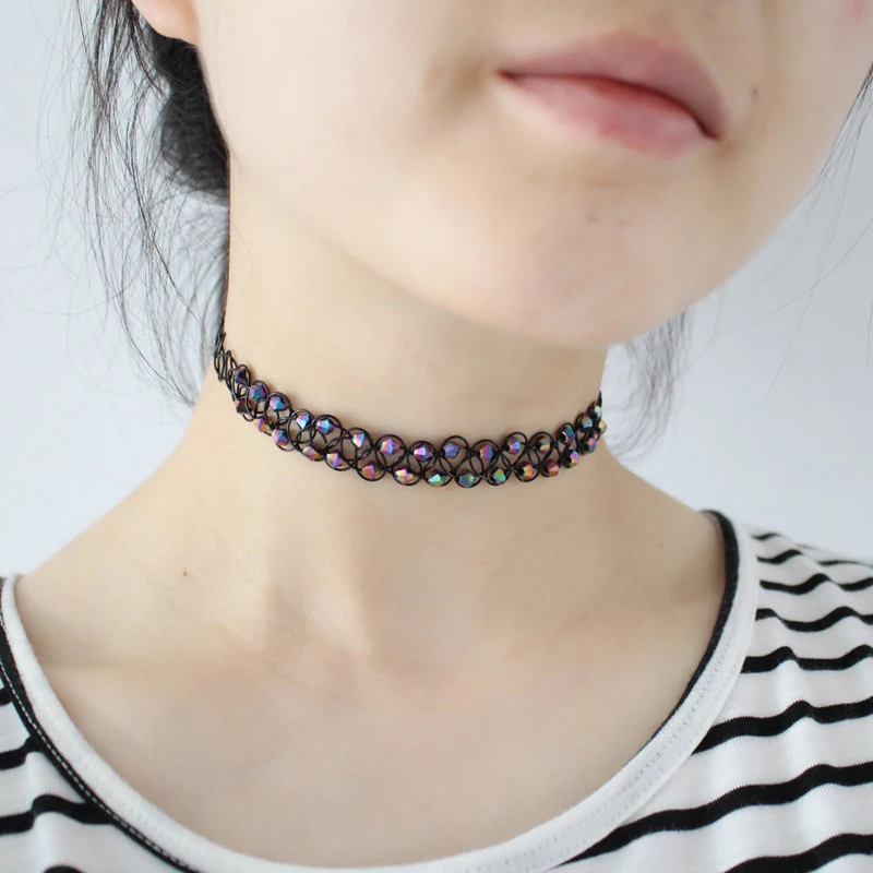 

Fashion Women Double Layer Colorful Beads Braided Adjustable Stretchy Tattoo Choker Vintage Punk Choker Collar Necklace for Girl