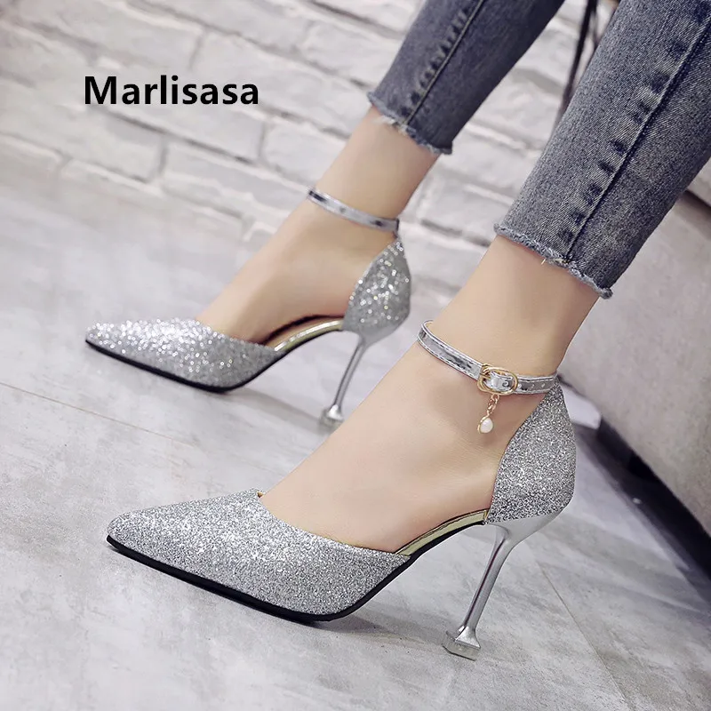 Goedkoop Marlisasa Vrouwen Leuke Puntschoen Gouden Hoge Hak Schoenen Dame Casual Comfortabele Party Schoenen Sexy Bruiloft Zilveren Pompen G5452