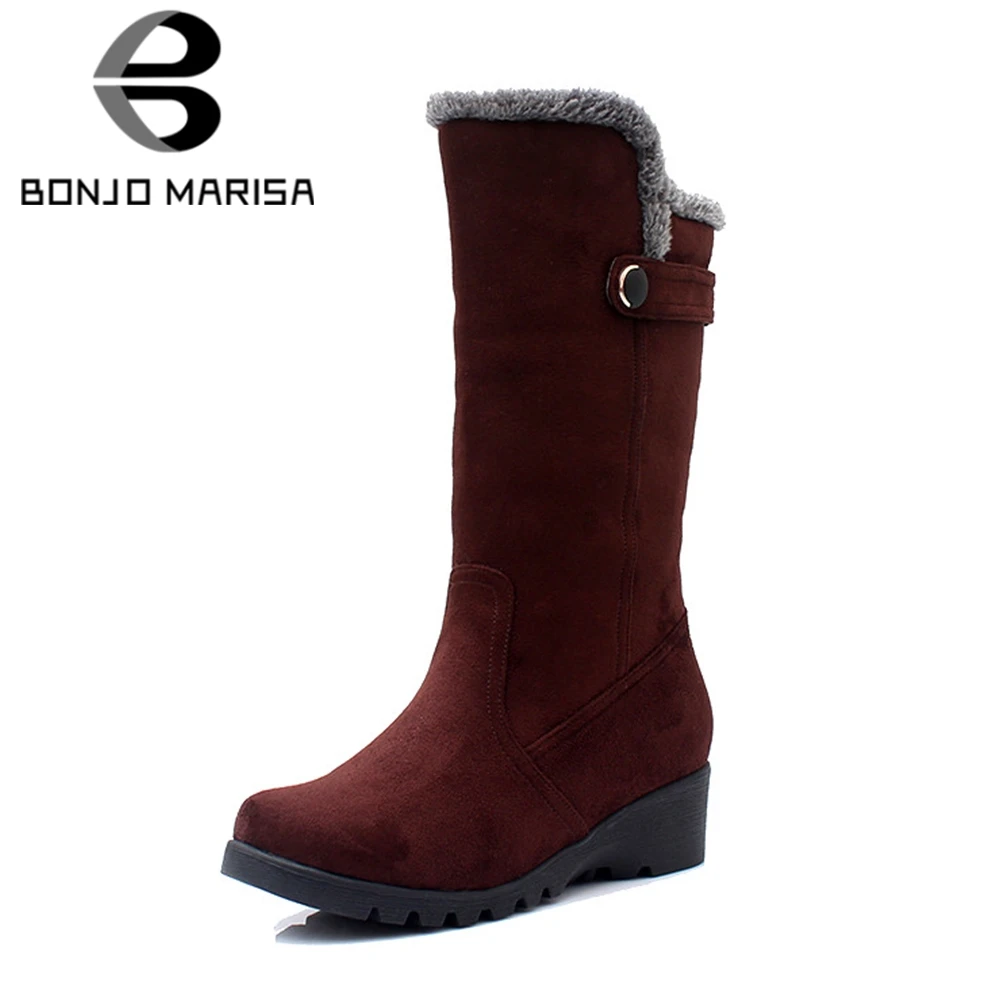 Kopen BONJOMARISA Nieuwe Snowboots 2019 Solid Ronde Neus Schoenen Vrouw Casual vrouwen Winter Warm Fur Mid Kuit Laarzen Zwart big Size 34 40