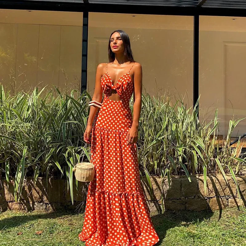 

Fashion Casual Sexy Bohemian Beach Dresses Polka Dot V Neck Maxi Runway Dress Sleeveless Spaghetti Strap Spring Vestido