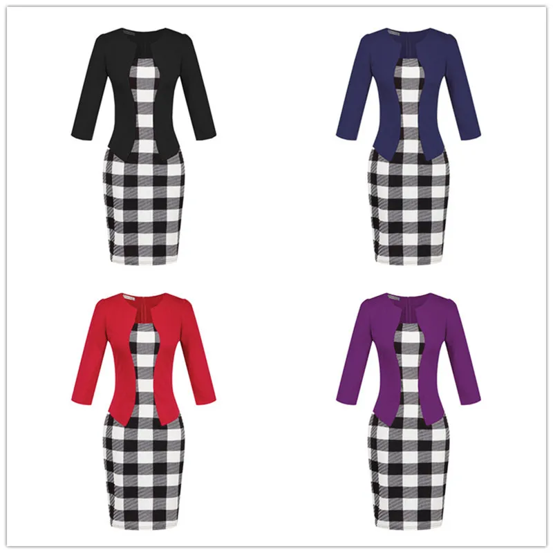 Plus Size XXXL Pencil Work Dresses Present With Belt One Piece Dress Patchwork Fake 2 Pcs Business Formal Office Bodycon Dress (10)