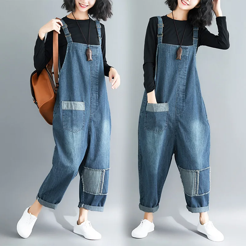 

Big Pockets Wide Leg Denim Overalls Women Baggy Suspenders bib Cowboy pants plus size Low Drop Crotch casual jean Jumpsuits