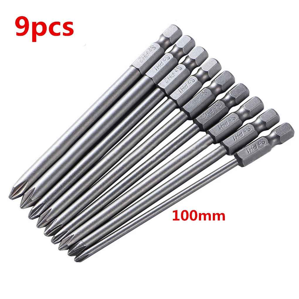 

9pcs 1/4 Hex Shank 100mm Magnetic S2 PH1 PH2 Phillips Cross Head Screwdriver Bit Set Electric Driver Hand Tools