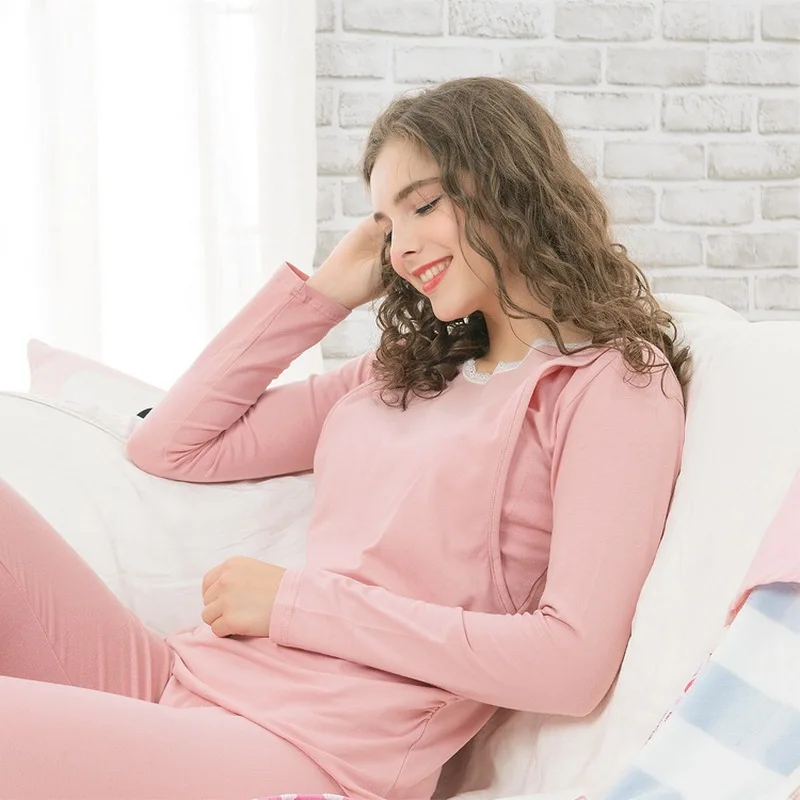 Maternity Pajamas Nursing Nightgown Autumn Cotton Lace Collar Underwear Side Open Breastfeeding Home Suit Pregnancy Clothes A312